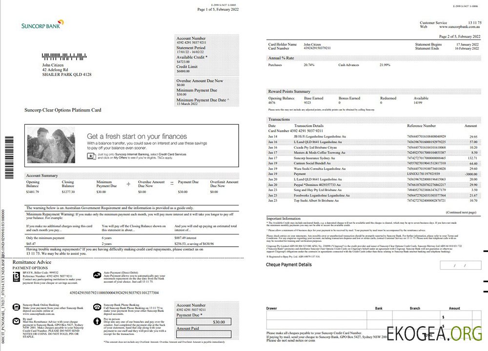 Relevé bancaire Australie Suncorp 5 pages